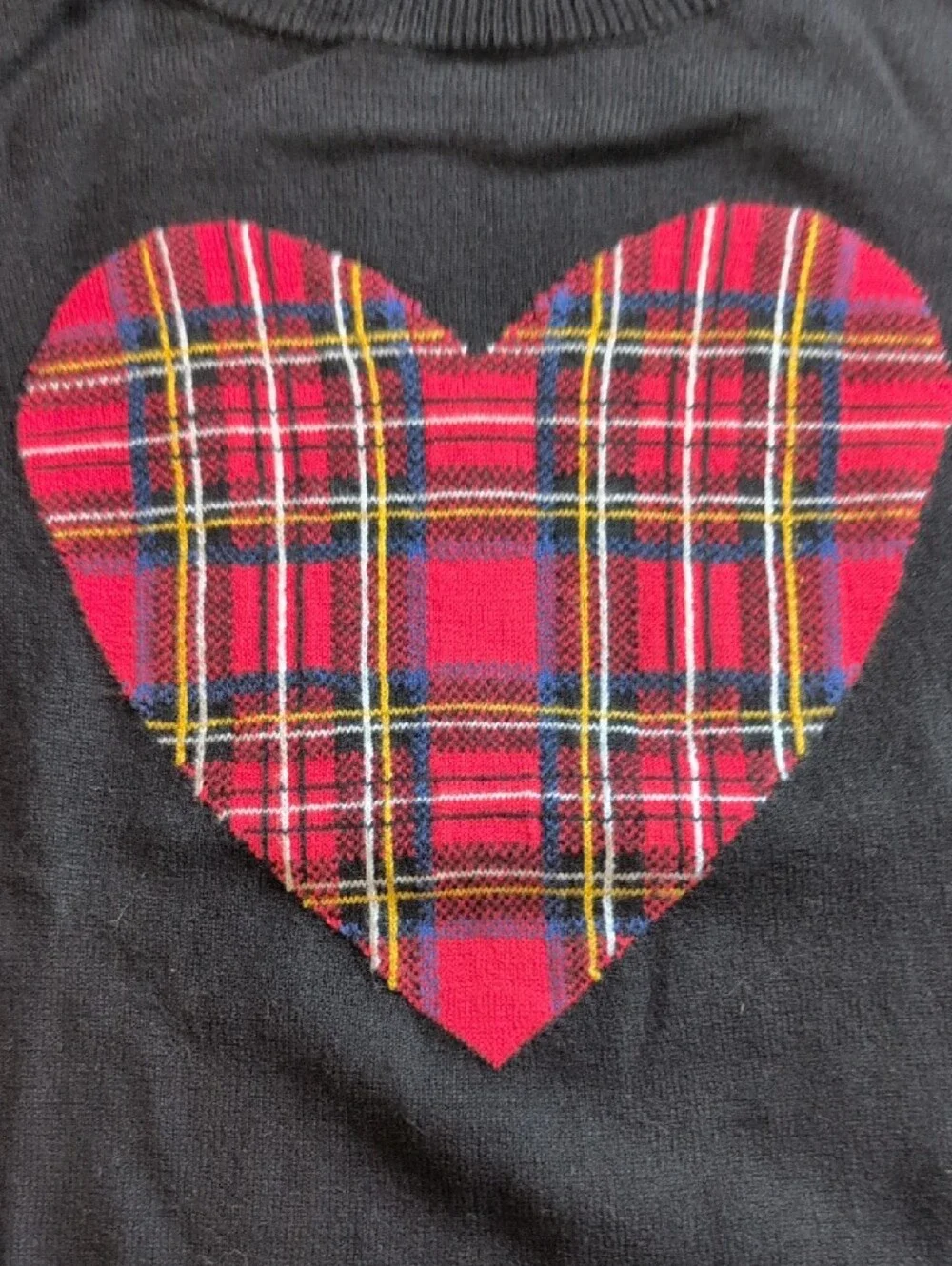 J. Crew Black Crewneck Sweater with Red Plaid Heart